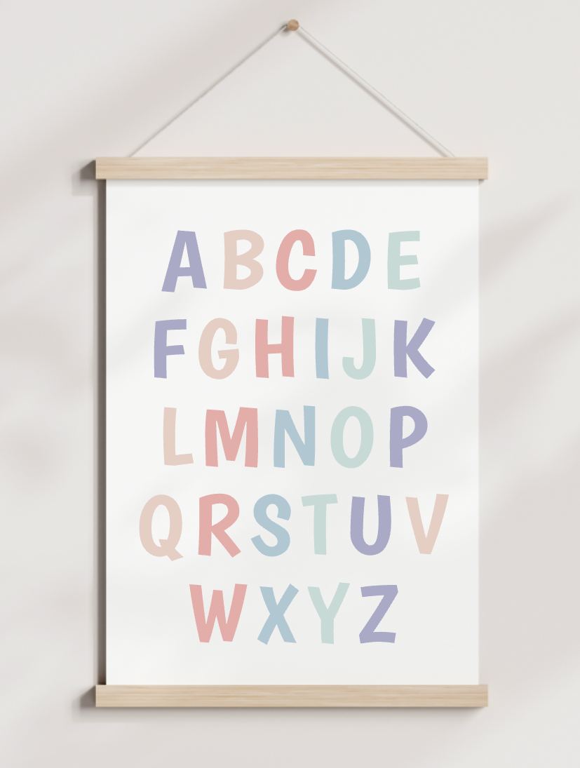 A poster of the alphabet is hanging on a wall.
