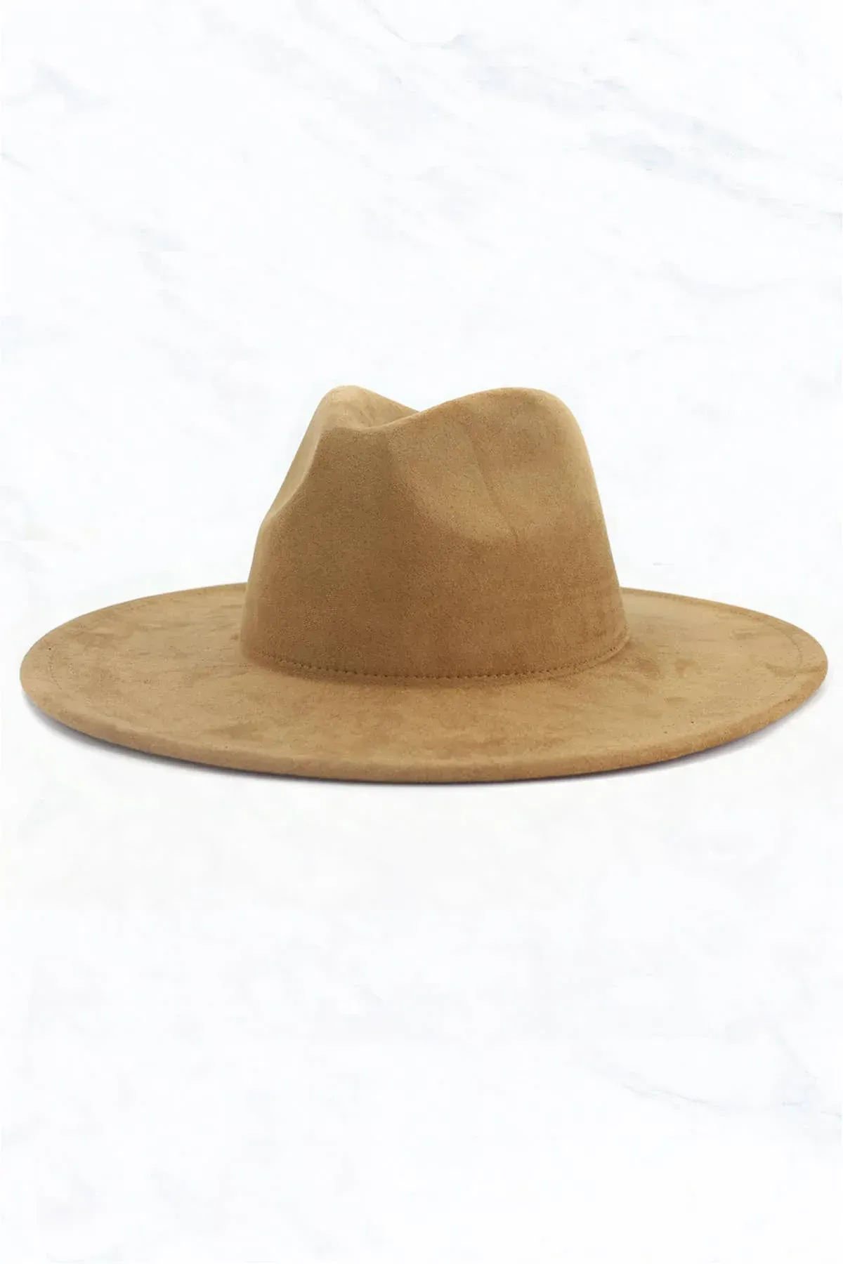 A brown fedora hat with a wide brim on a white background.