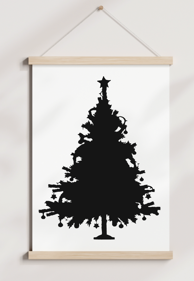 A black and white picture of a christmas tree with a star on top