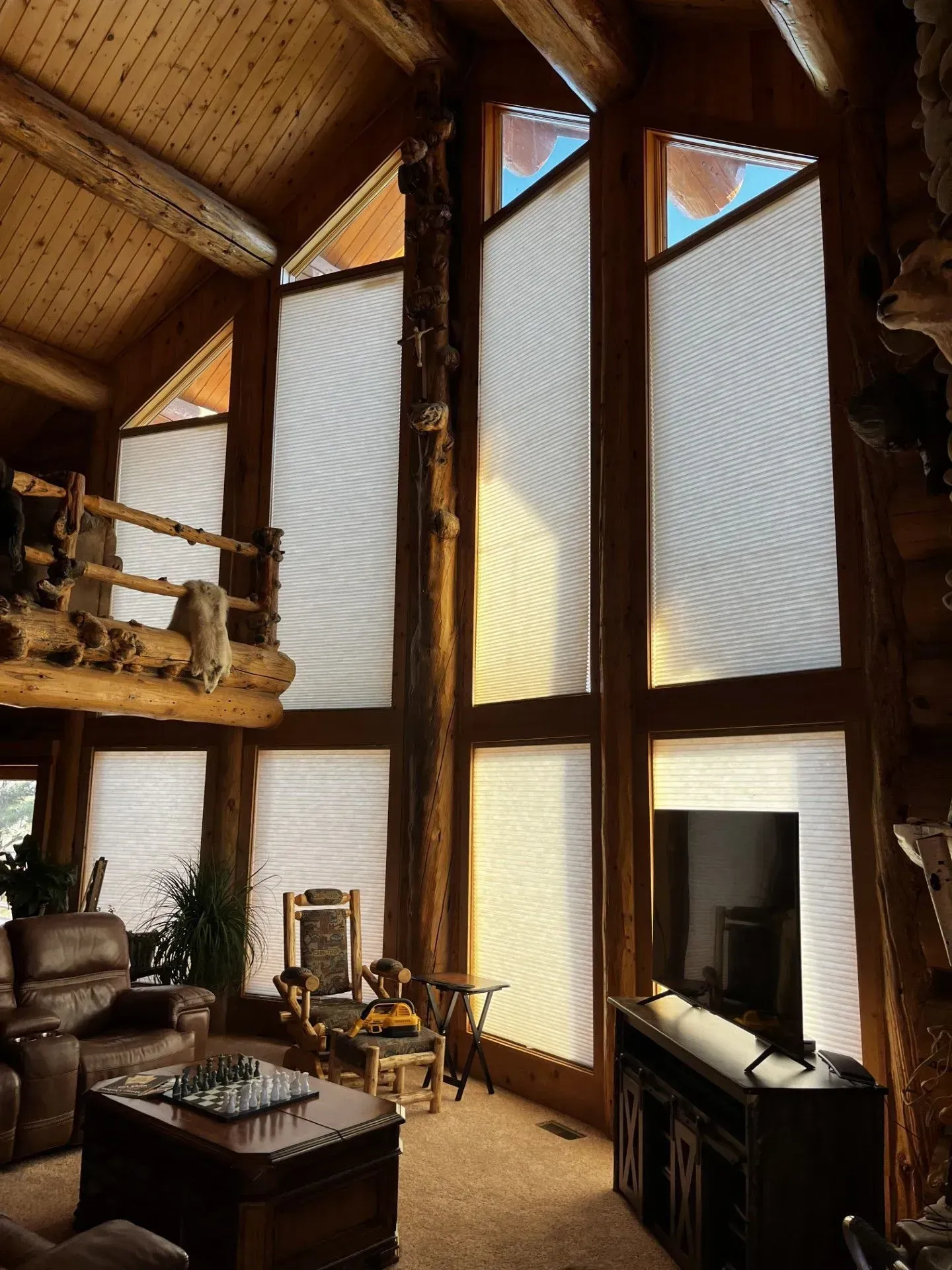 A living room with a lot of windows and a television.