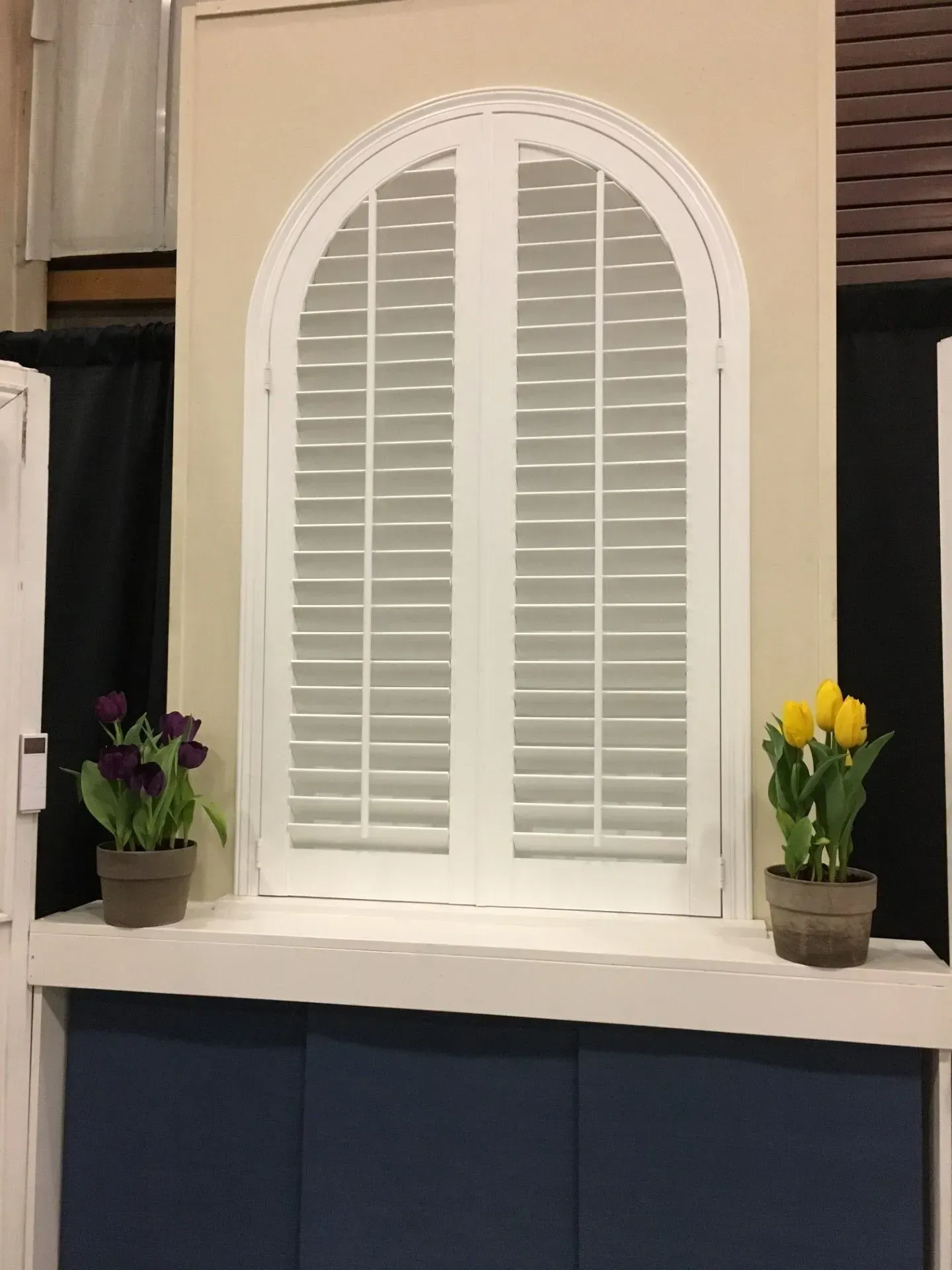 A window with shutters and two potted flowers on it