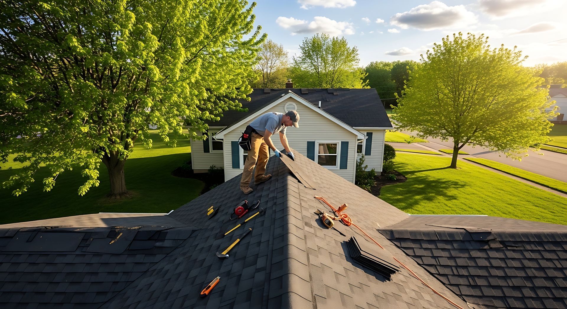 Roofing contractor installing shingles on a suburban home roof in sunny weather. Roofing contractor installing shingles on a suburban home roof in sunny weather.
