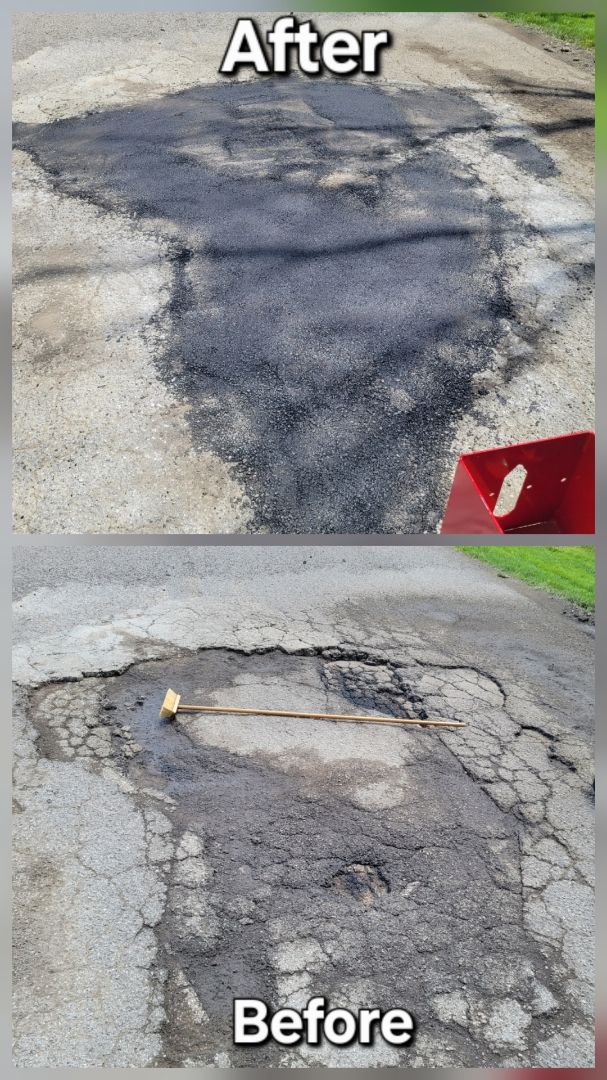 A before and after photo of a pothole on a road.