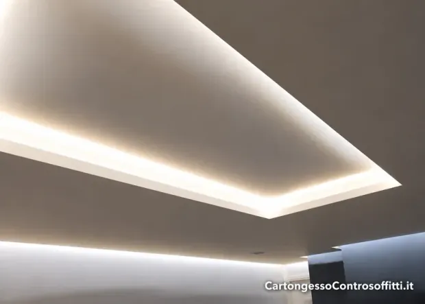 Controsoffitto in cartongesso con velette e illuminazione indiretta lungo il perimetro.