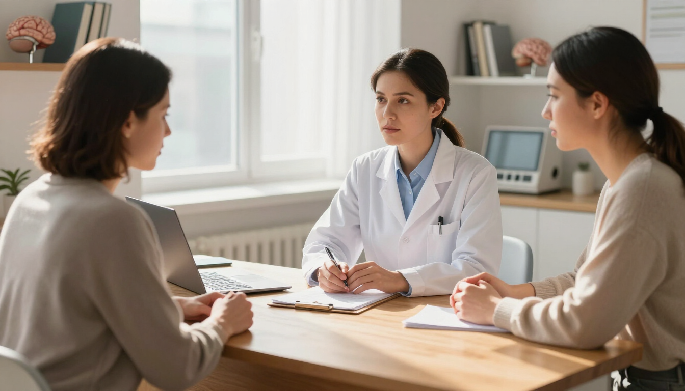 Un médico habla con dos pacientes en una mesa en un consultorio clínico bien iluminado.