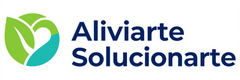 Logotipo de Aliviarte Solucionarte con una hoja verde y un icono circular azul verdoso junto a un texto azul.