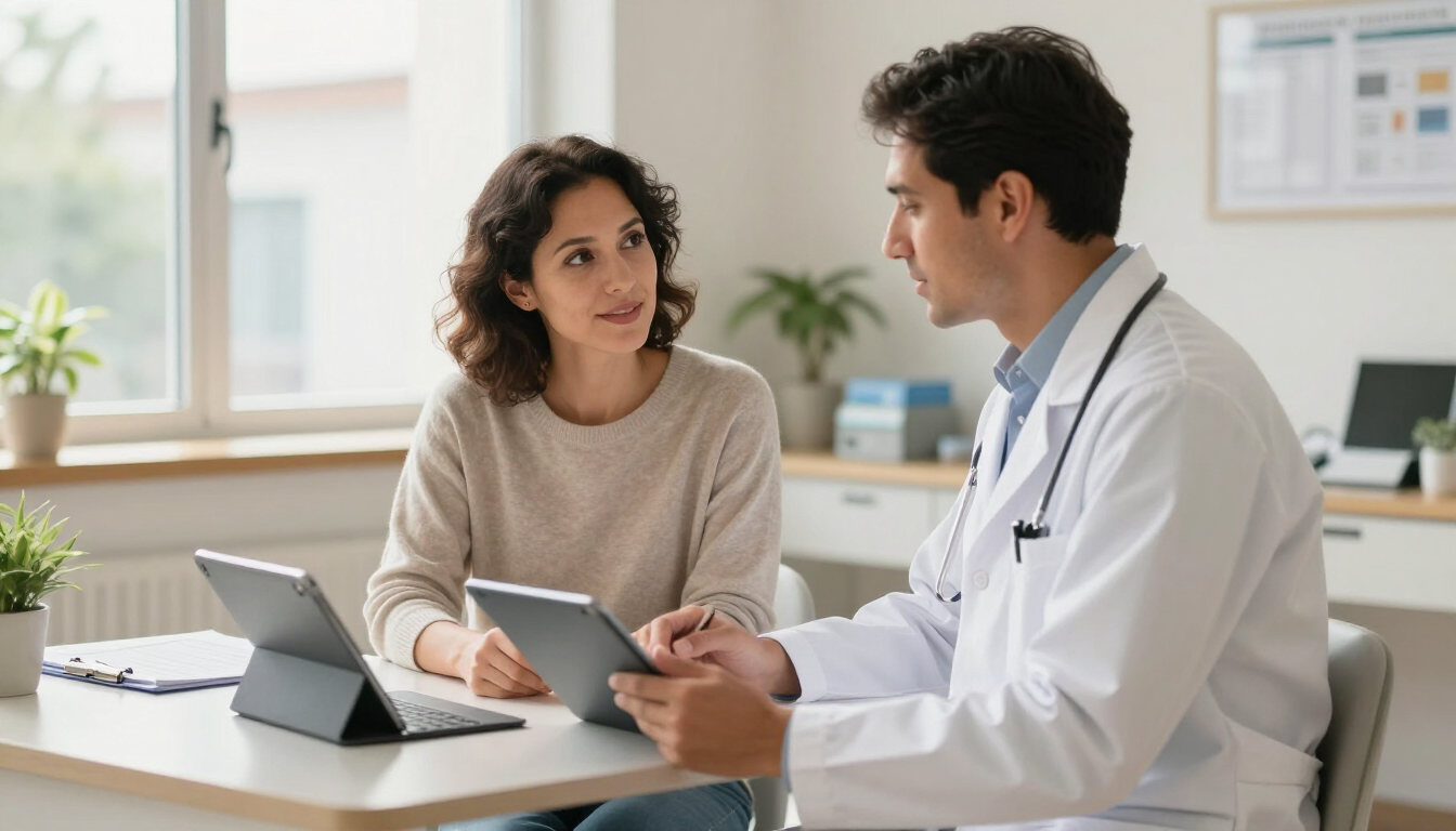 Un médico habla con un paciente sentado en un escritorio en una luminosa consulta médica, sosteniendo una tableta.