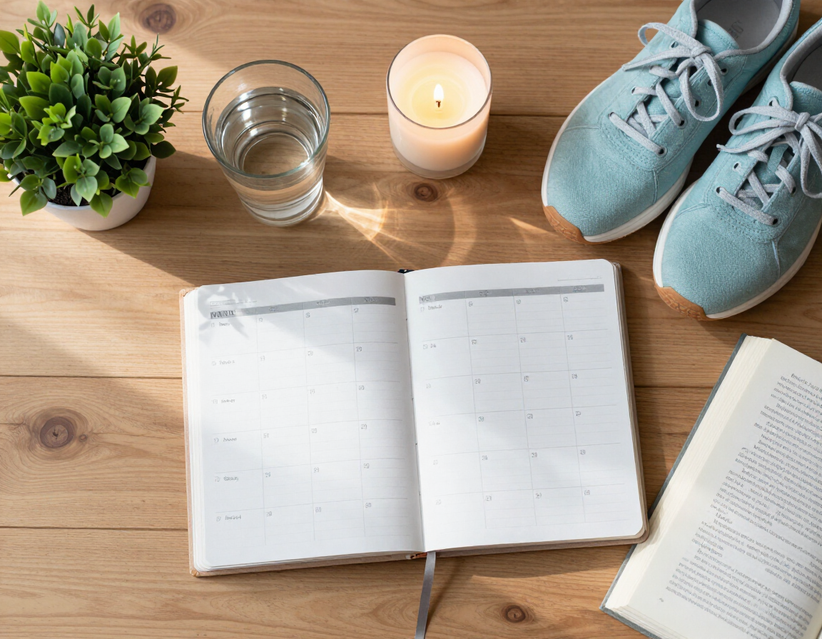 Un cuaderno, una vela, un vaso de agua, una planta y unas zapatillas azules sobre un escritorio soleado con un libro abierto.