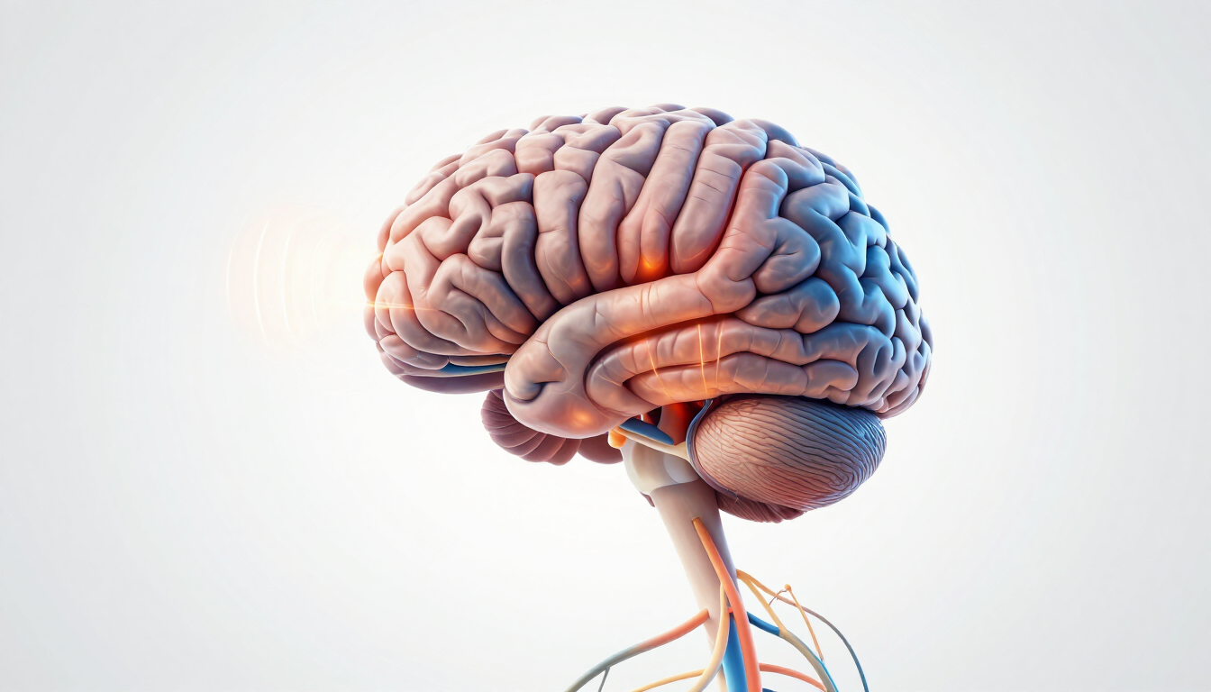 Ilustración de un cerebro humano con nervios y vasos sanguíneos visibles sobre un fondo blanco.