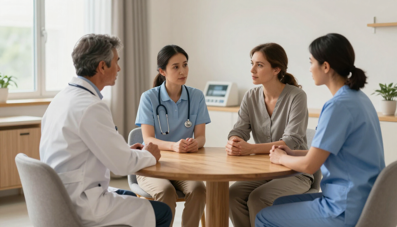 Cuatro profesionales de la salud debaten sobre la atención médica en una mesa redonda en una clínica luminosa.