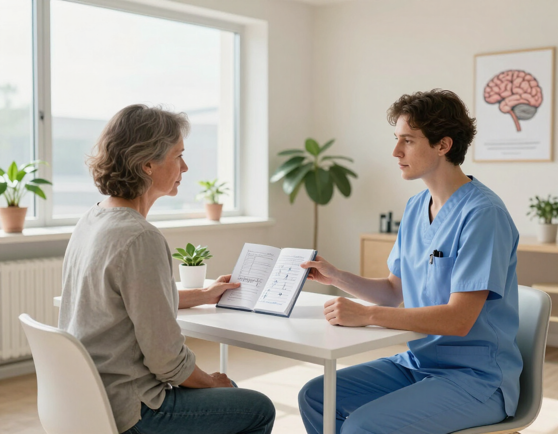 Un paciente y su terapeuta conversan sentados en un escritorio en una oficina
