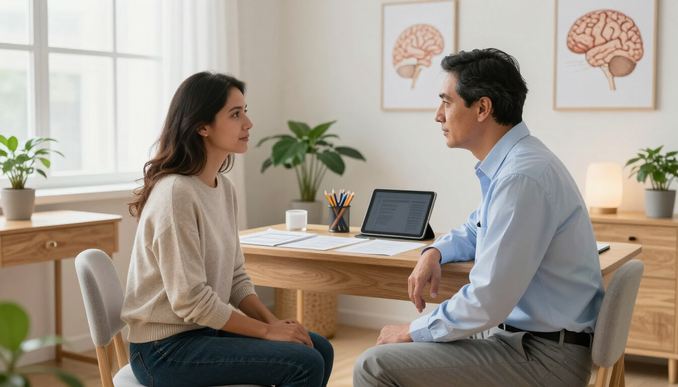 Dos personas en una consulta de terapia hablando frente a un escritorio