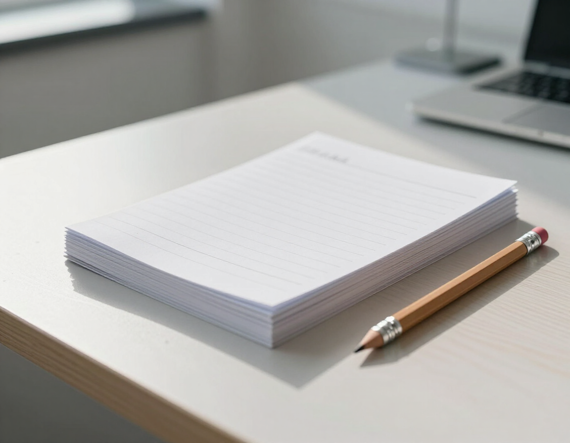 Un bloc de notas en blanco con un lápiz sobre un escritorio claro cerca de un ordenador portátil.