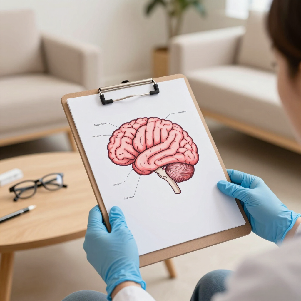 Manos enguantadas sosteniendo un portapapeles con la ilustración de un cerebro en una habitación que parece una clínica.