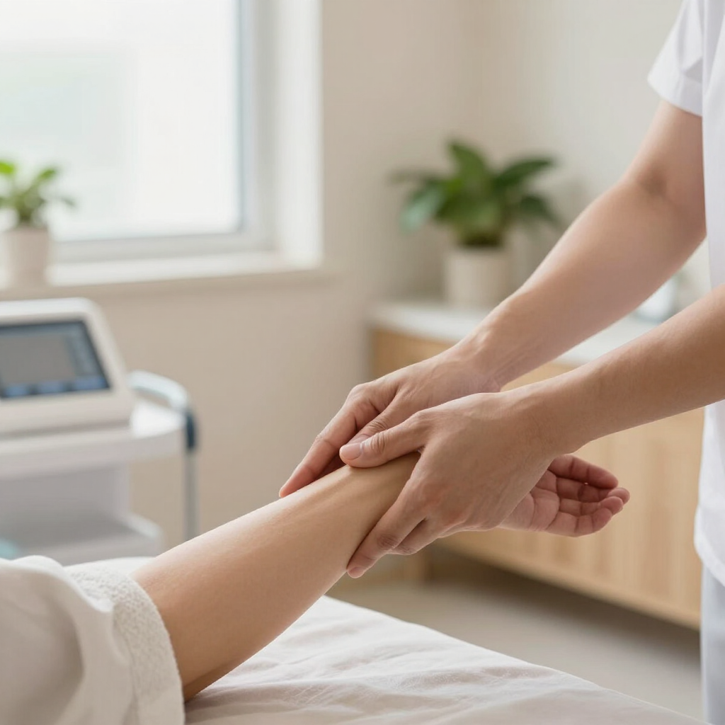 En una luminosa sala de la clínica, un cuidador sujeta con delicadeza el antebrazo de un paciente.
