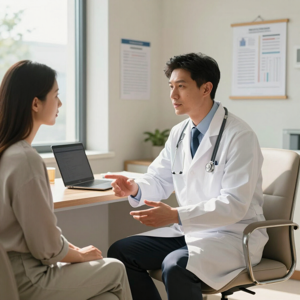 Un médico habla con un paciente en una luminosa consulta, con el portátil abierto sobre el escritorio.