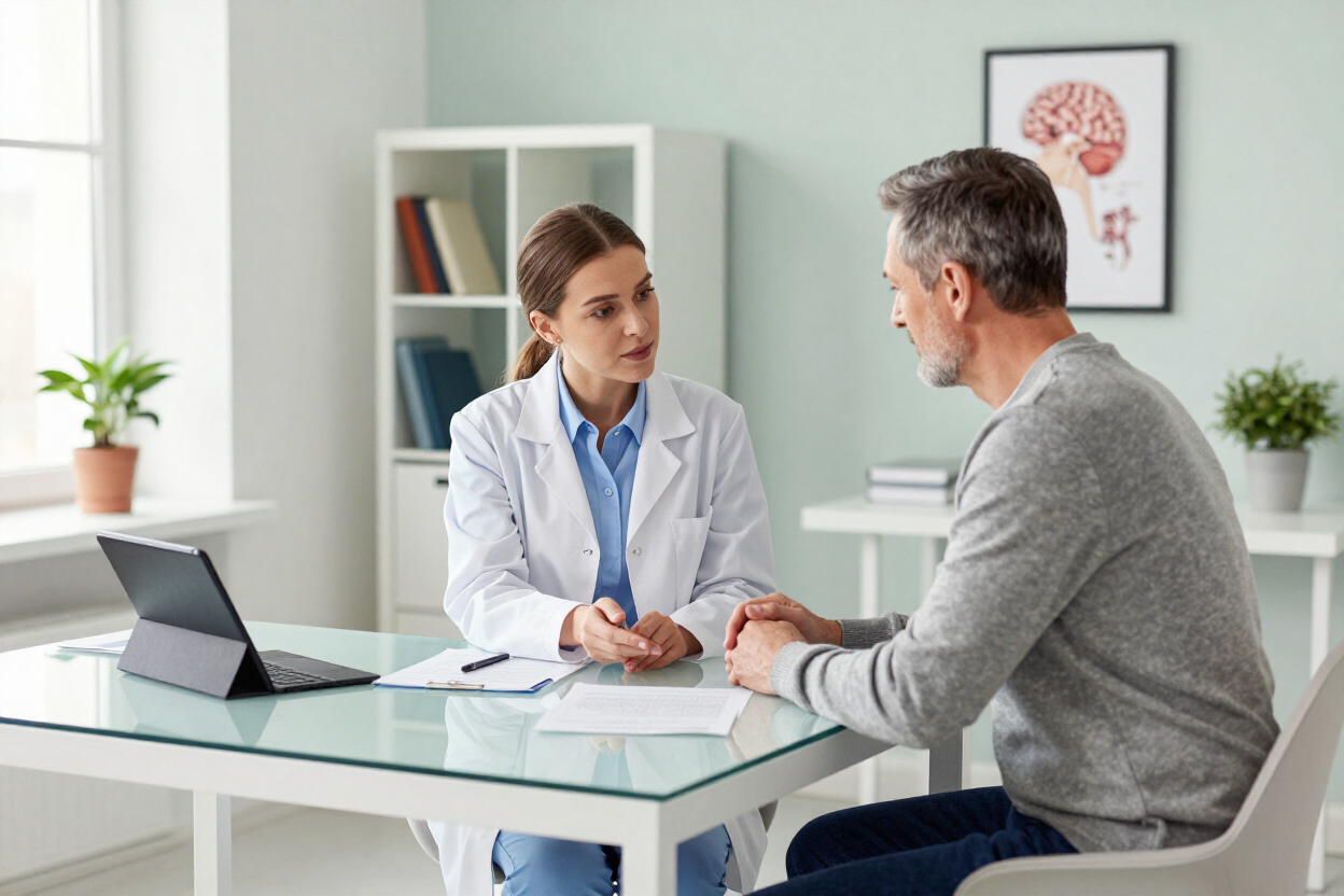 Un médico habla con un paciente en un escritorio en un consultorio clínico luminoso.