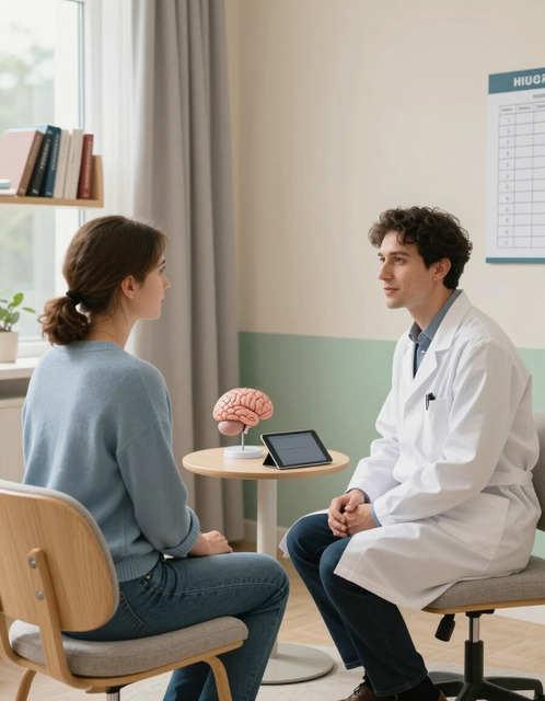 Un médico atiende a un paciente sentado en una clínica, con un modelo de cerebro sobre una mesa.