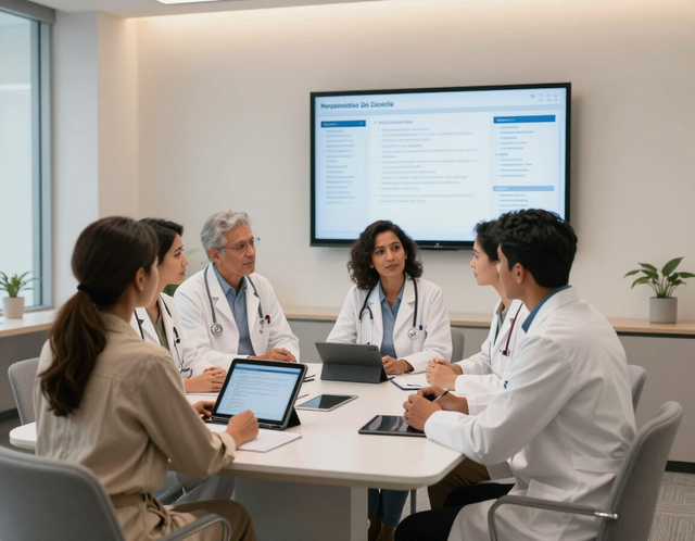 Equipo médico en una sala de conferencias discutiendo una presentación en una pantalla mural.