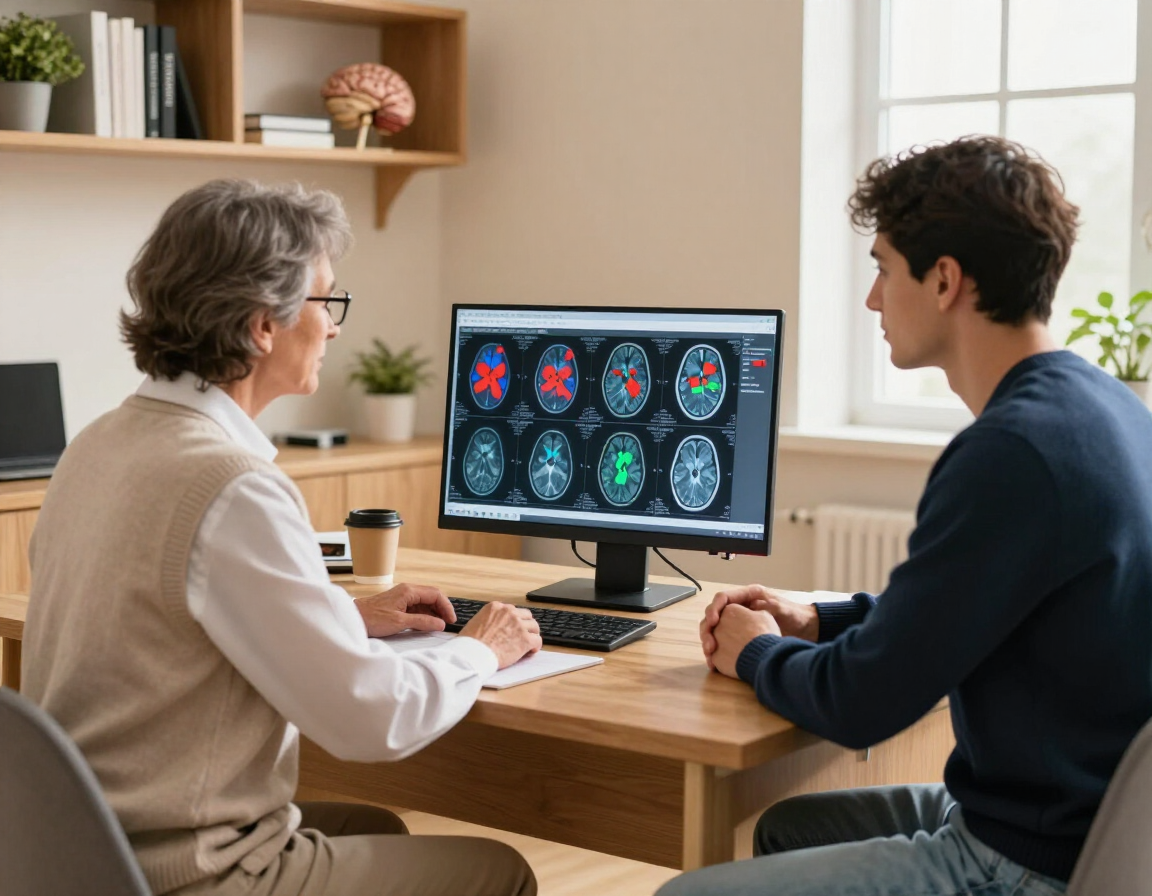 Dos personas discutiendo imágenes de escáneres cerebrales en un monitor de escritorio en una oficina luminosa.