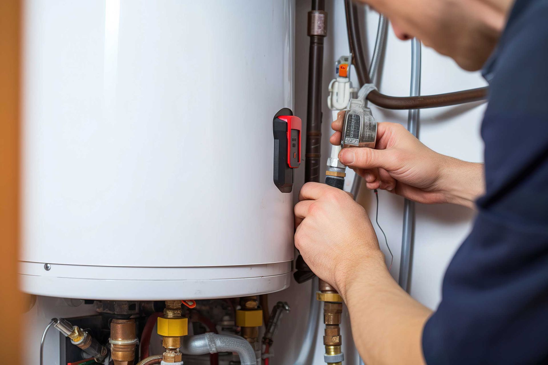 Technician adjusting a boiler valve beside a white water heater with exposed pipes