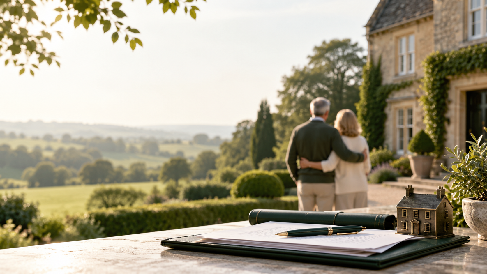 Couple overlooking a sunlit countryside from a stone terrace beside a notebook and pen