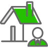 A man is standing in front of a green house with a green roof.