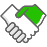 A green and white handshake icon on a white background.
