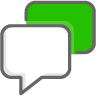 Two speech bubbles , one white and one green , on a white background.