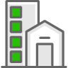 An icon of a building and a house with green squares.