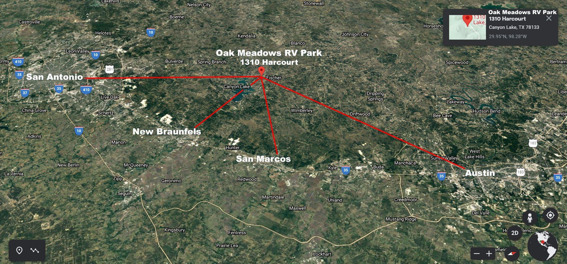 Map: Oak Meadows RV Park is located near San Antonio-New Braunfels-San Marcos-Austin-Texas from Canyon Lake TX Map: Oak Meadows RV Park is located near San Antonio-New Braunfels-San Marcos-Austin-Texas from Canyon Lake TX
