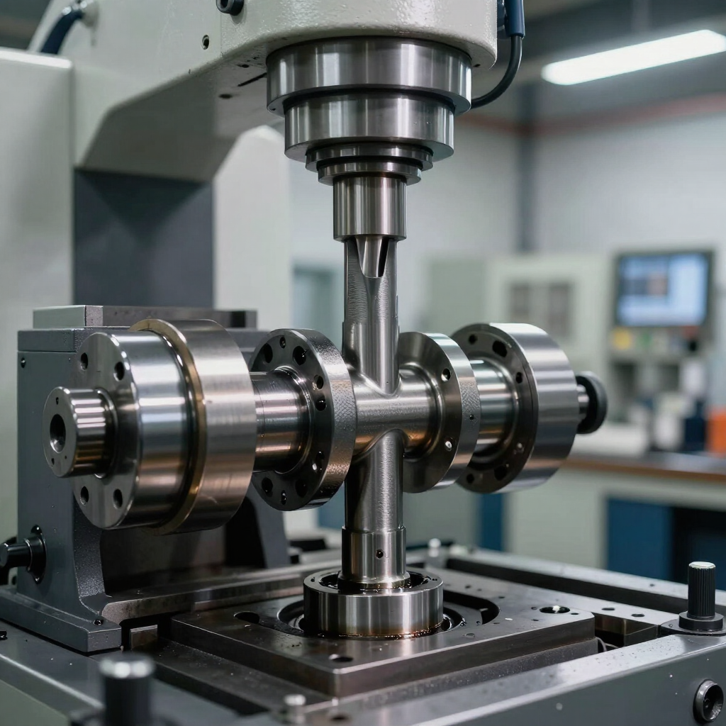 Máquina CNC con un cigüeñal metálico montado en un sistema de fresado de precisión en un taller.