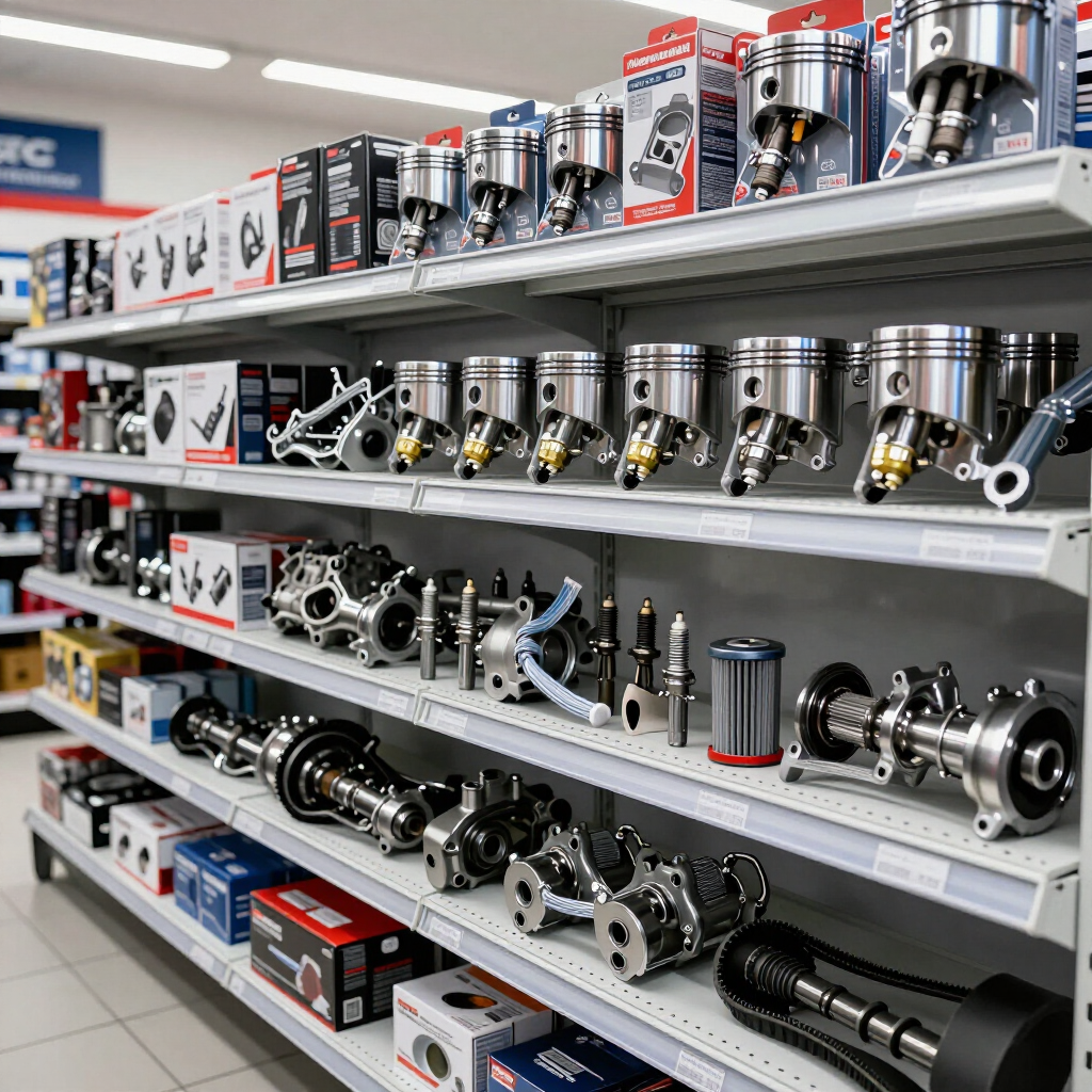 Estanterías en un pasillo de una tienda que exhiben filas de piezas metálicas para automóviles y productos embalados.