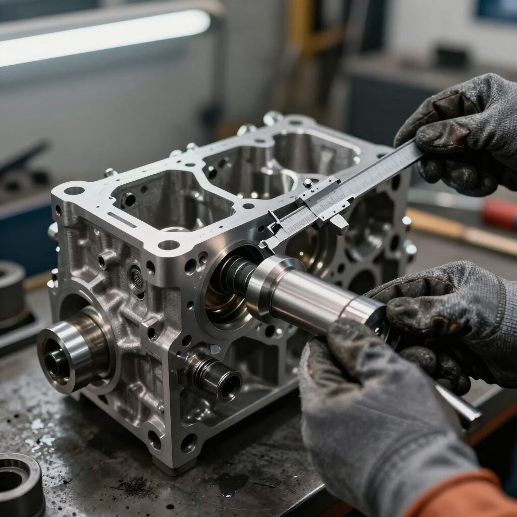 En un taller, unas manos enguantadas miden un bloque de motor metálico con un calibrador.
