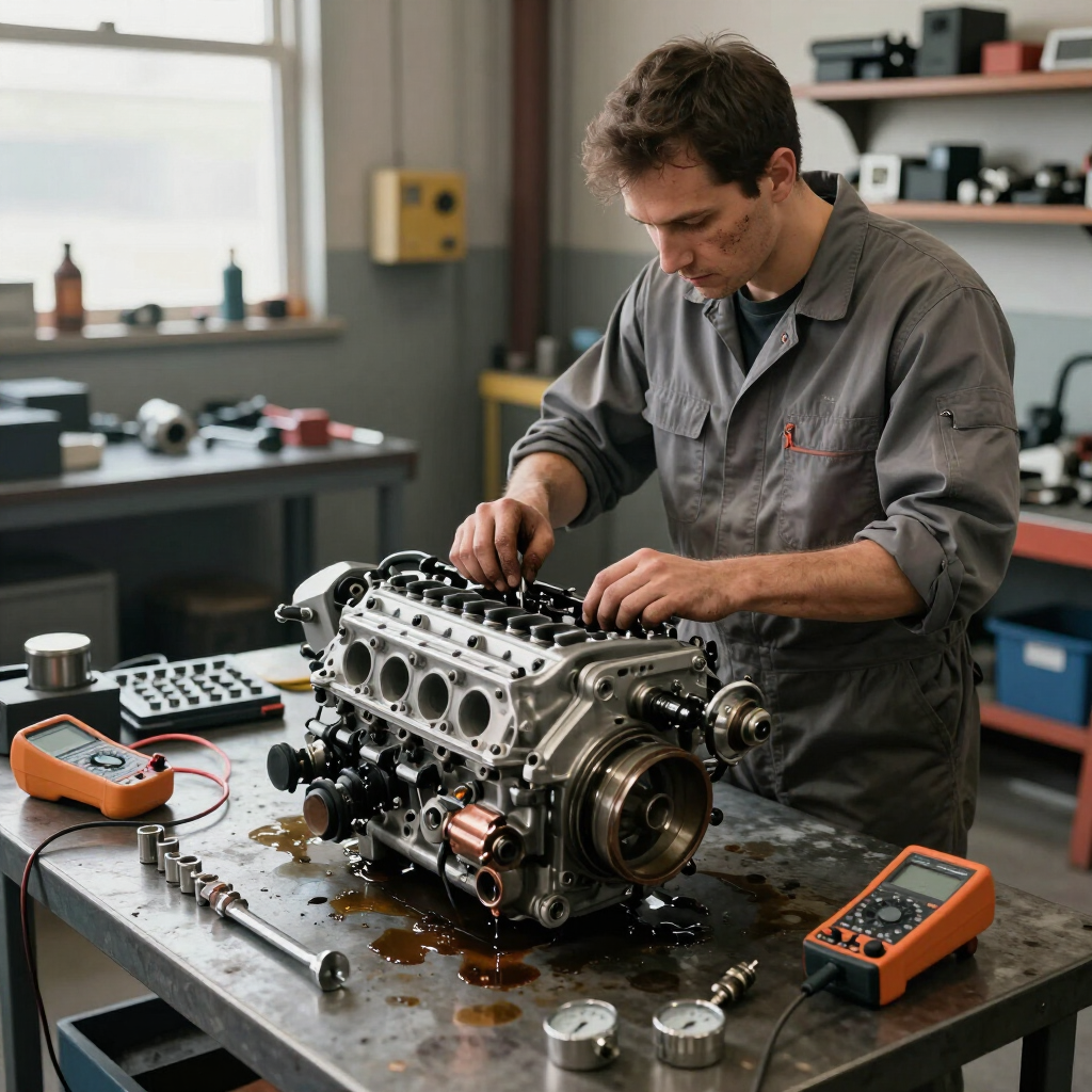 Mecánico trabajando en un bloque de motor en un taller, con herramientas y piezas sobre un banco de trabajo desordenado.