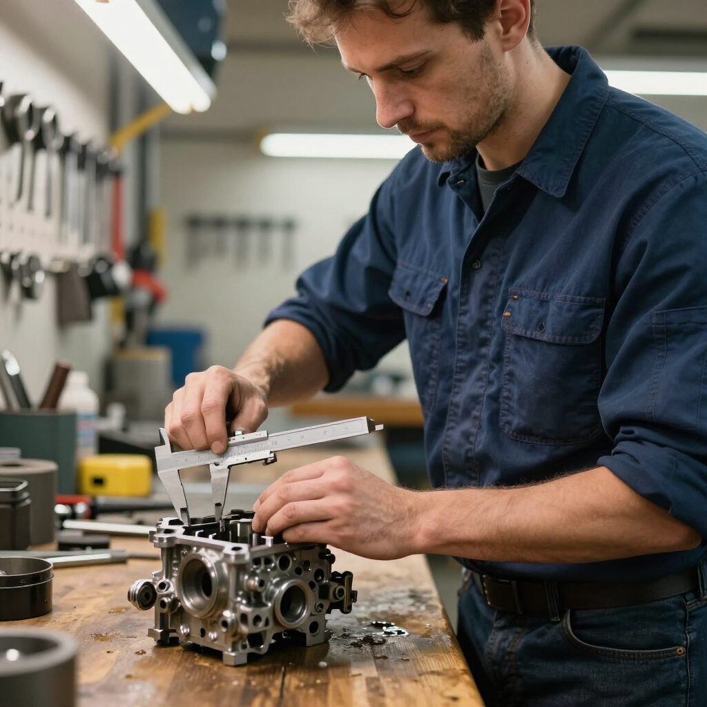 Mecánico midiendo una pieza metálica de un motor en un taller con herramientas sobre el banco de trabajo.