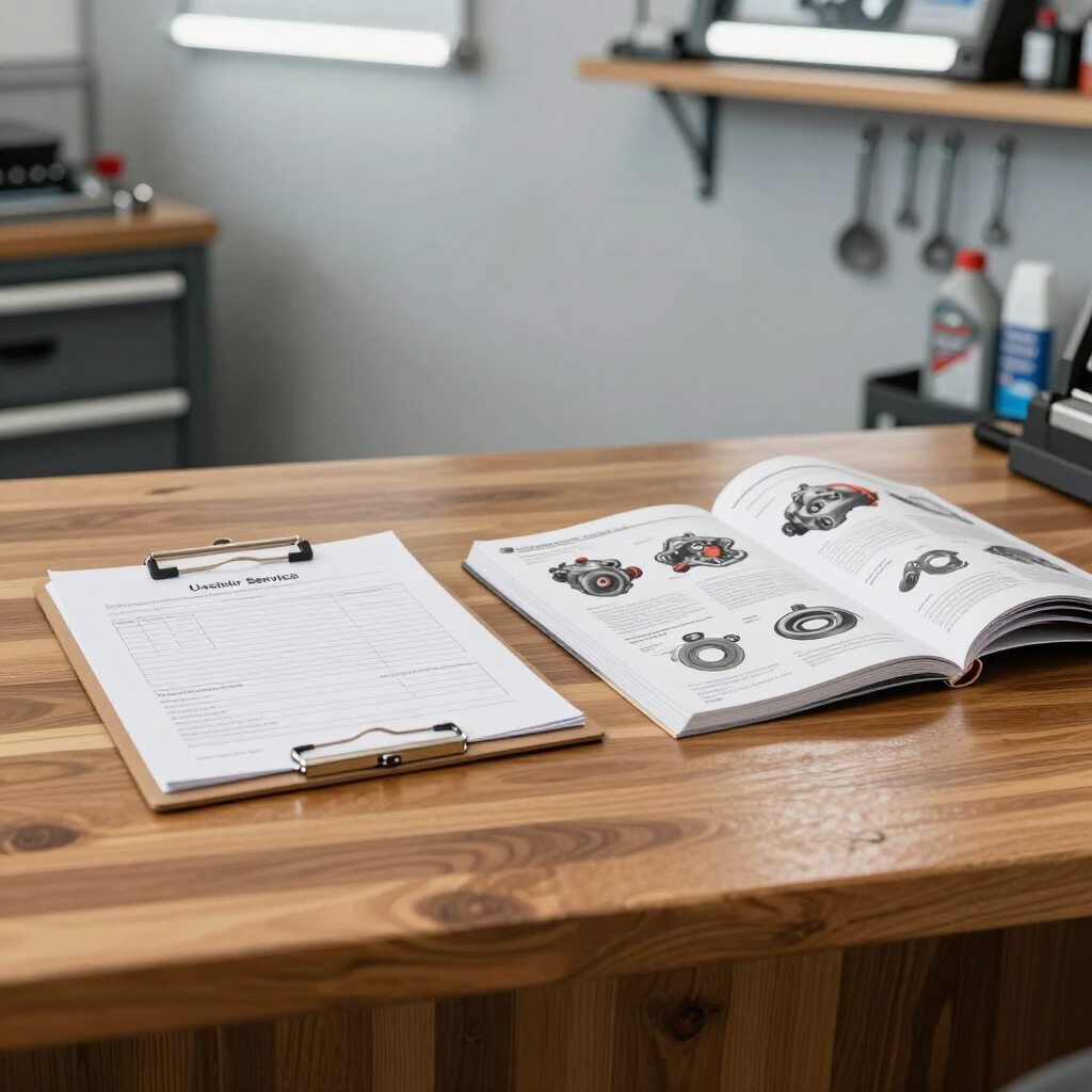 Portapapeles con notas junto a un libro ilustrado abierto sobre un banco de trabajo de madera en un taller.