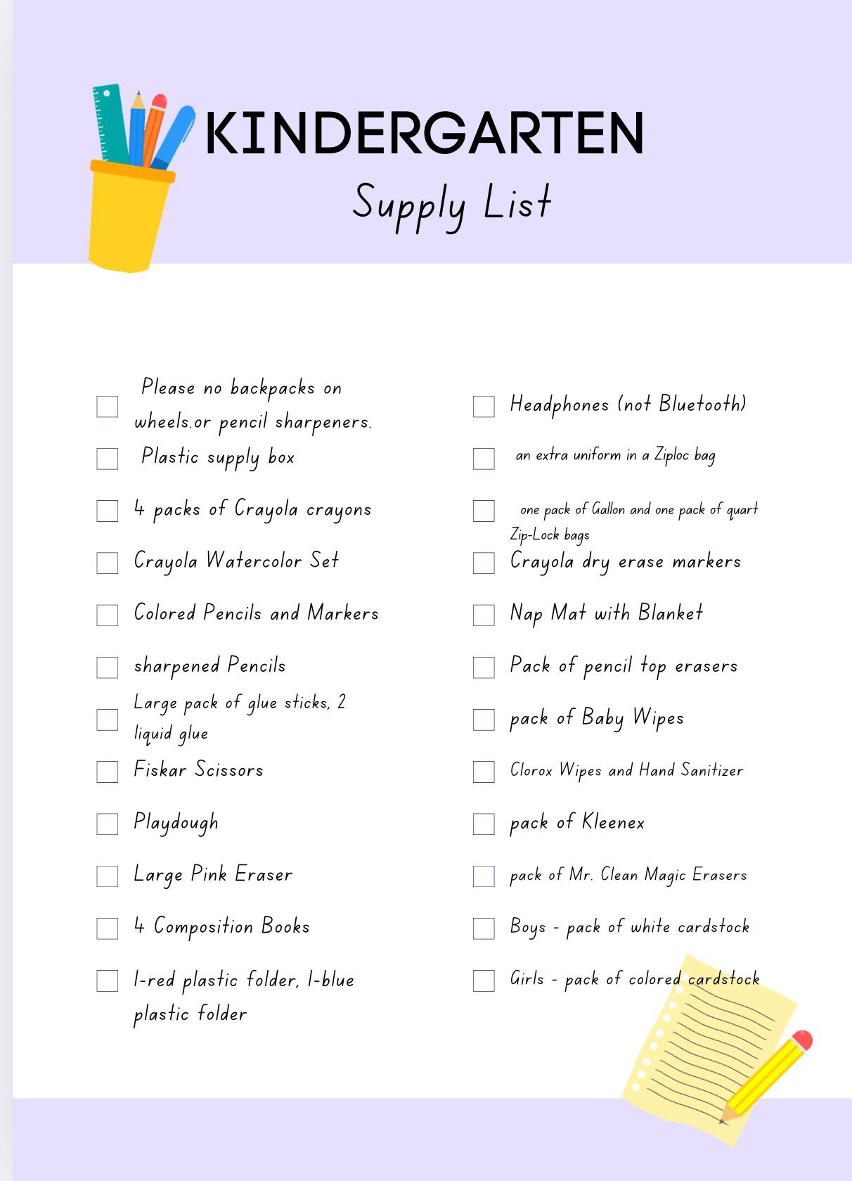 A kindergarten supply list with a cup of pens and a pencil.