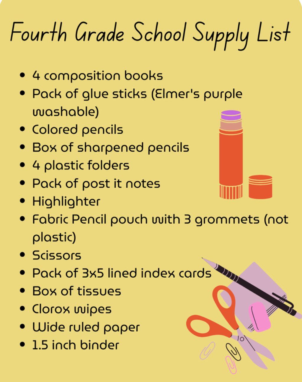 A fourth grade school supply list includes 4 composition books
