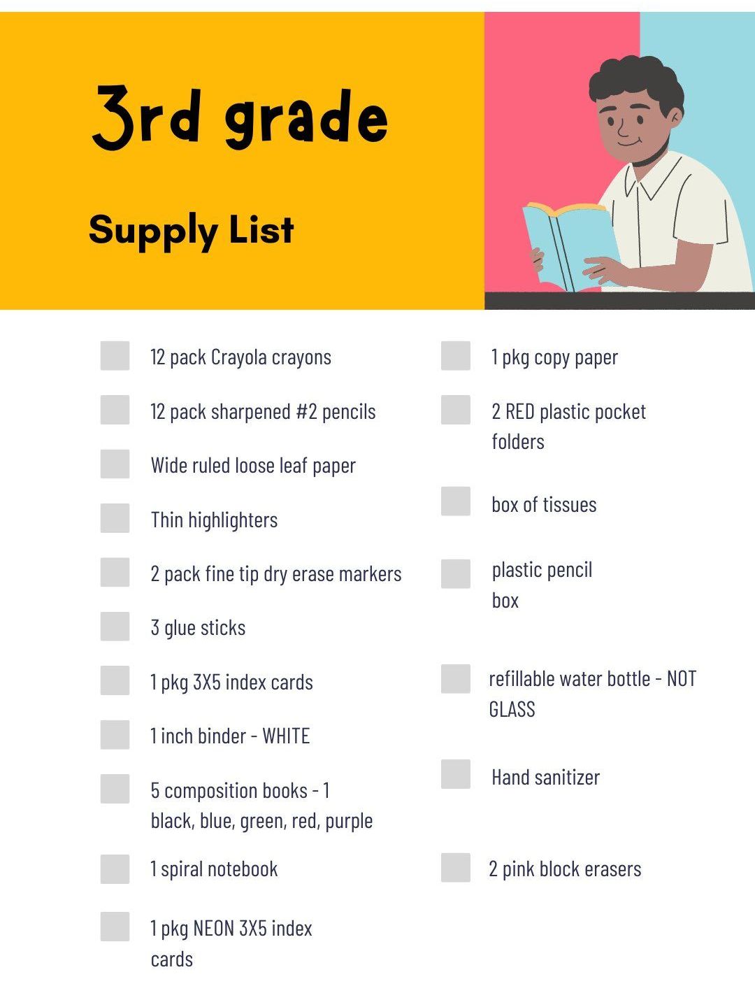A 3rd grade supply list with a boy reading a book.