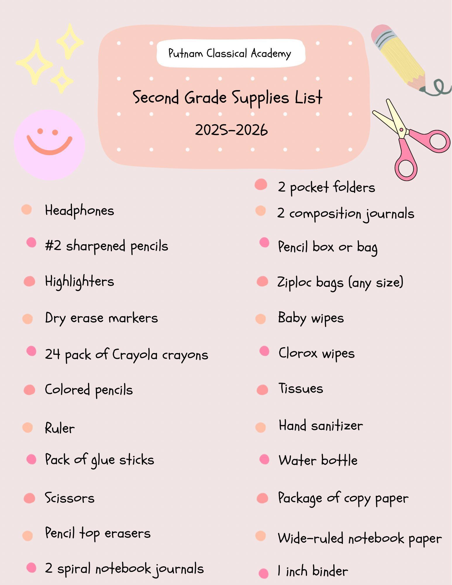 A second grade supplies list for the school year 2025-2026