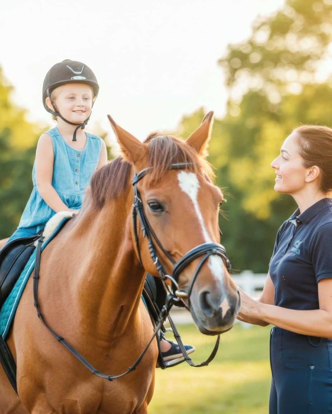 A woman is teaching a little girl how to ride a horse.