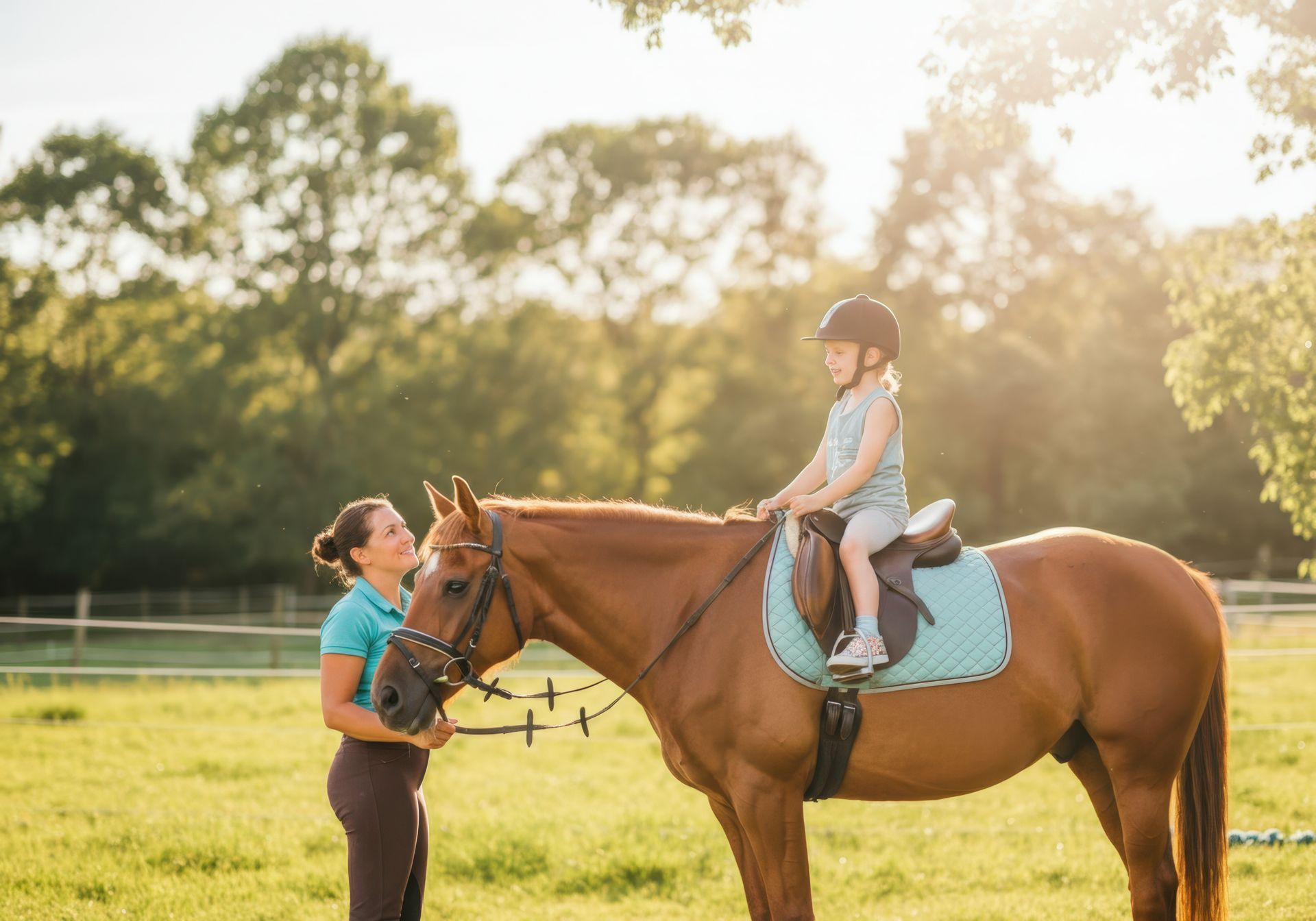 A little girl is riding a brown horse in a field.