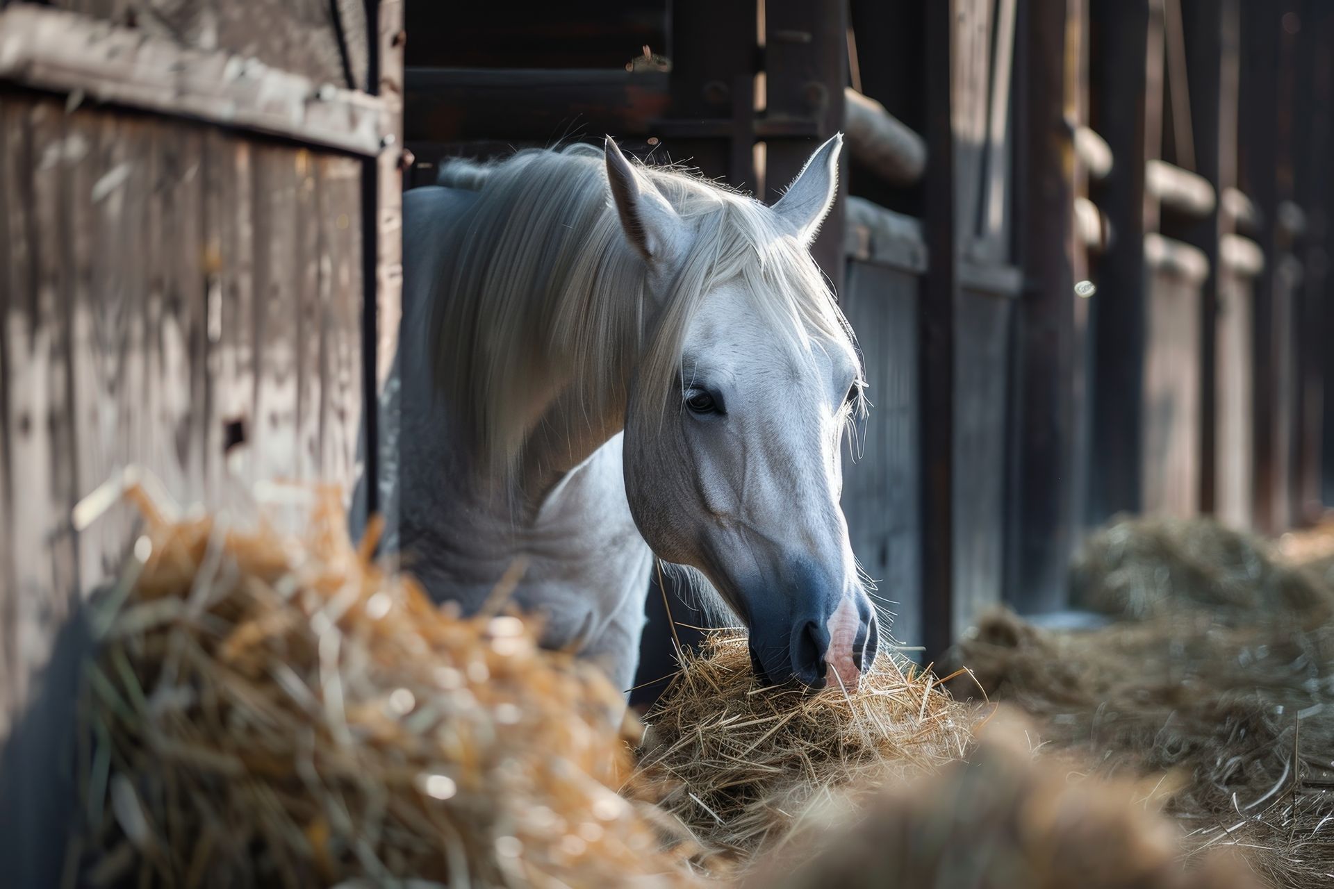 A white horse is eating hay in a stable.