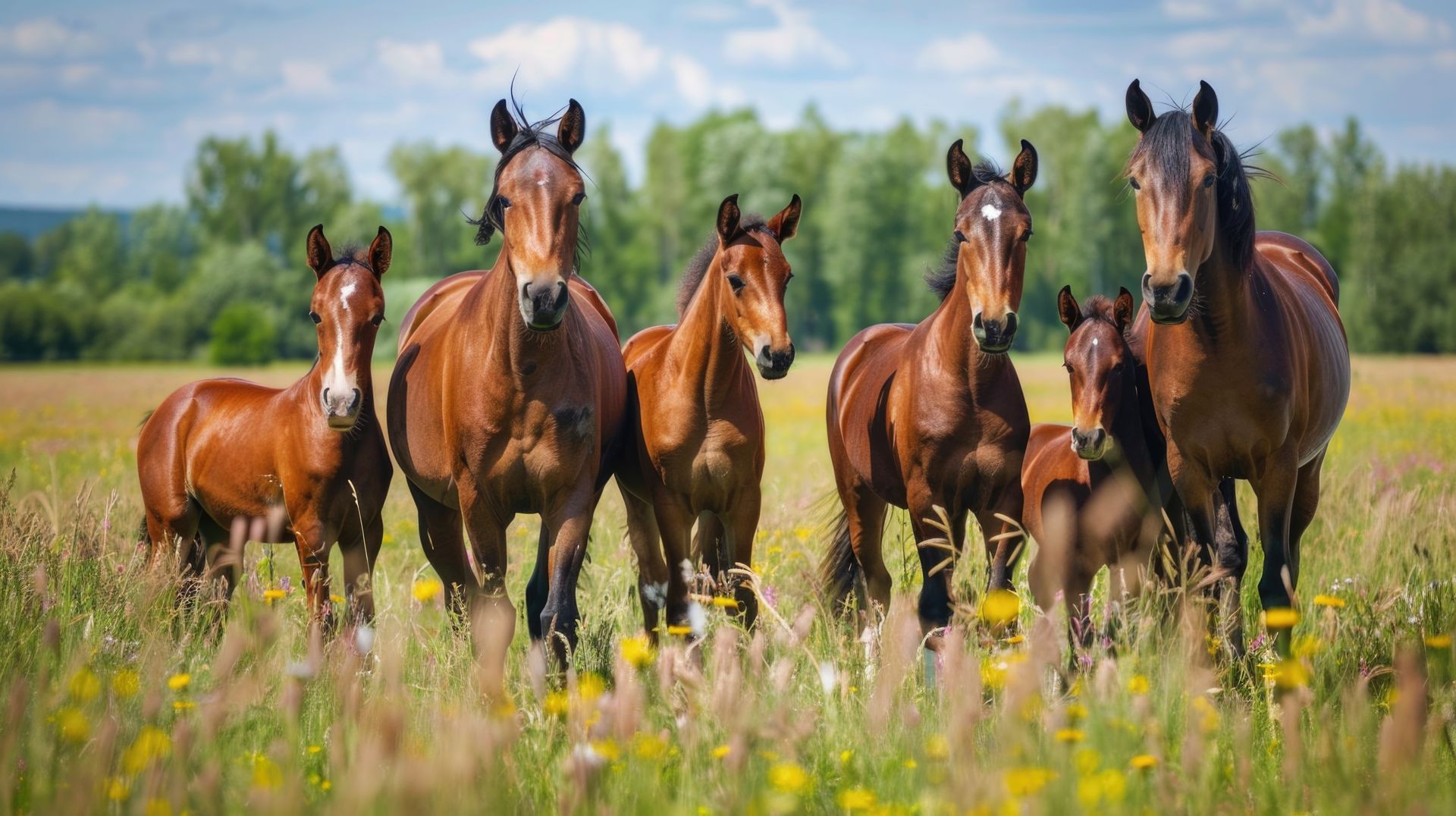 A herd of horses are standing in a field of tall grass.
