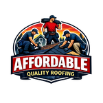 Logo: Roofers working on a roof, surrounded by an oval, with "AFFORDABLE QUALITY ROOFING" banner.