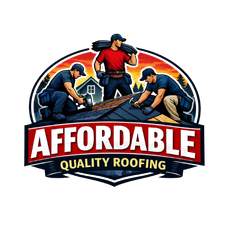 Logo: Roofers working on a roof, surrounded by an oval, with "AFFORDABLE QUALITY ROOFING" banner.