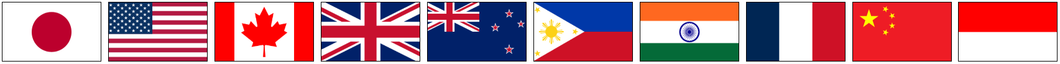 Row of small national flags on a white background, including Japan, U.S., Canada, U.K., China, and others.