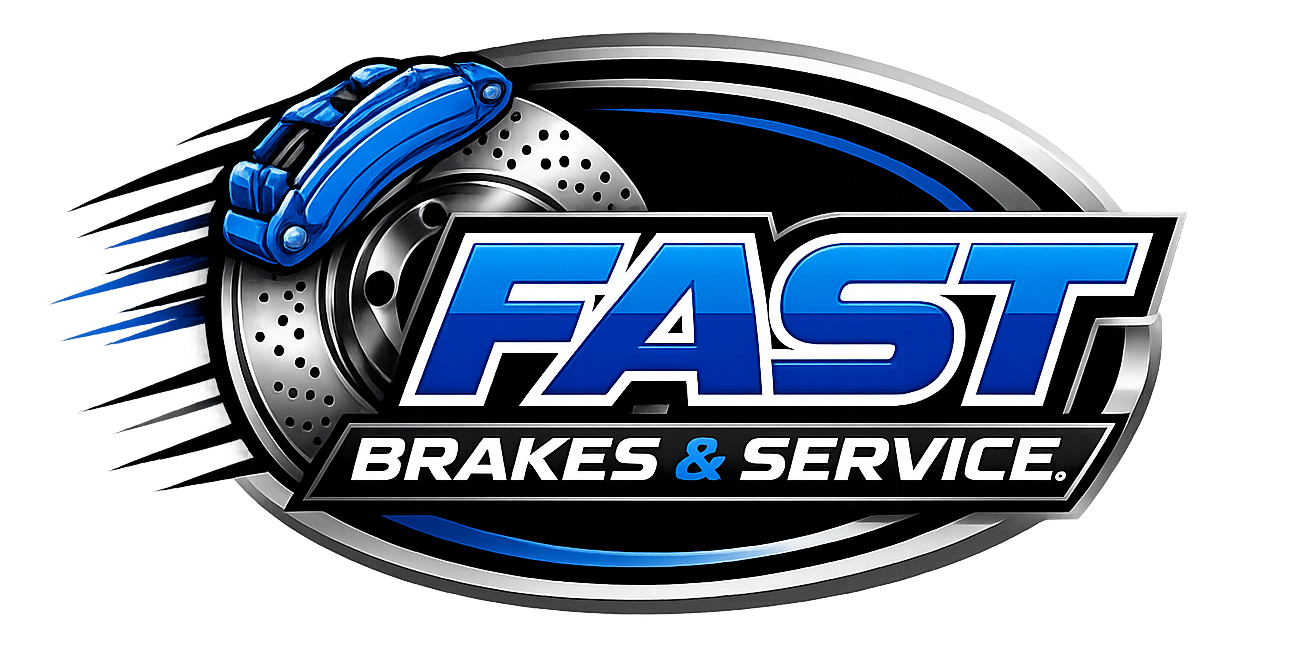 Logo for Fast Brakes & Service. It shows a blue brake caliper and rotor, with the word 