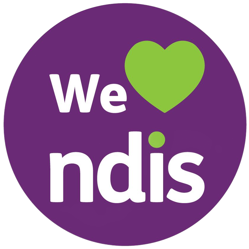 Purple circular We ♥ NDIS logo with white text and a green heart.